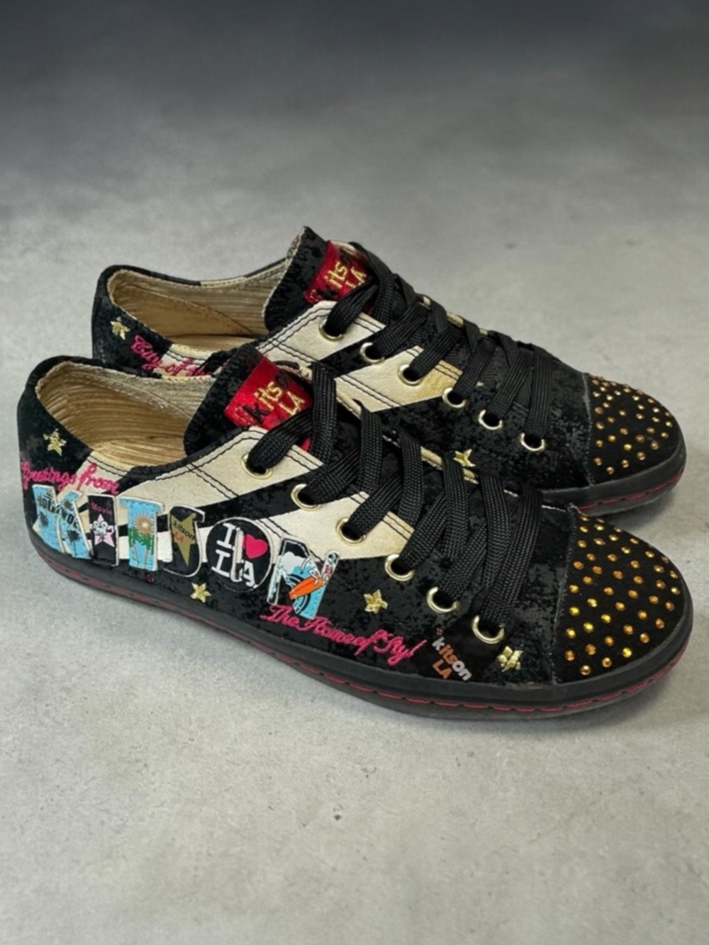 Kitson LA Black Leather Embellished Patchwork Sneakers